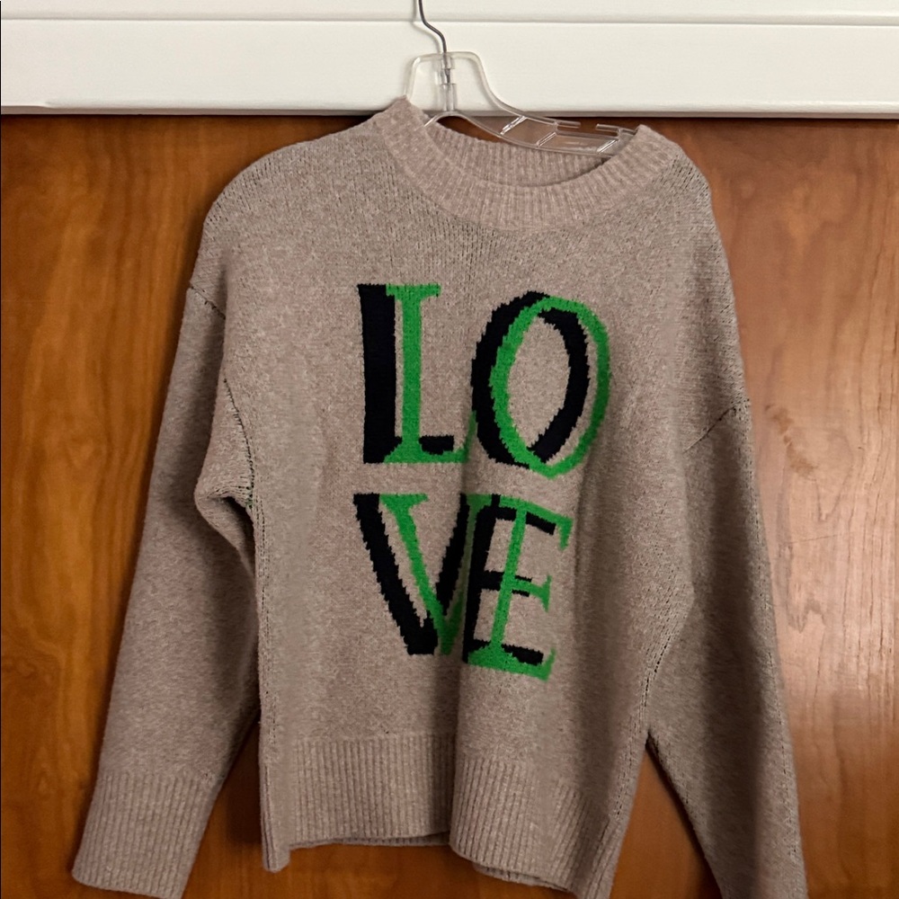 a new day Beige Sweater with Green and Black LOVE Design